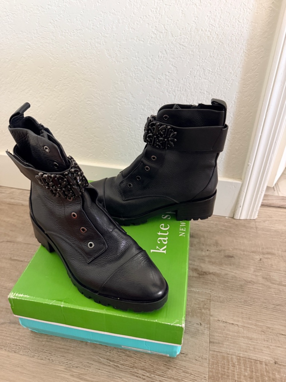 kate spade Black Leather Jeweled Strap Combat Booties- Alma size 10